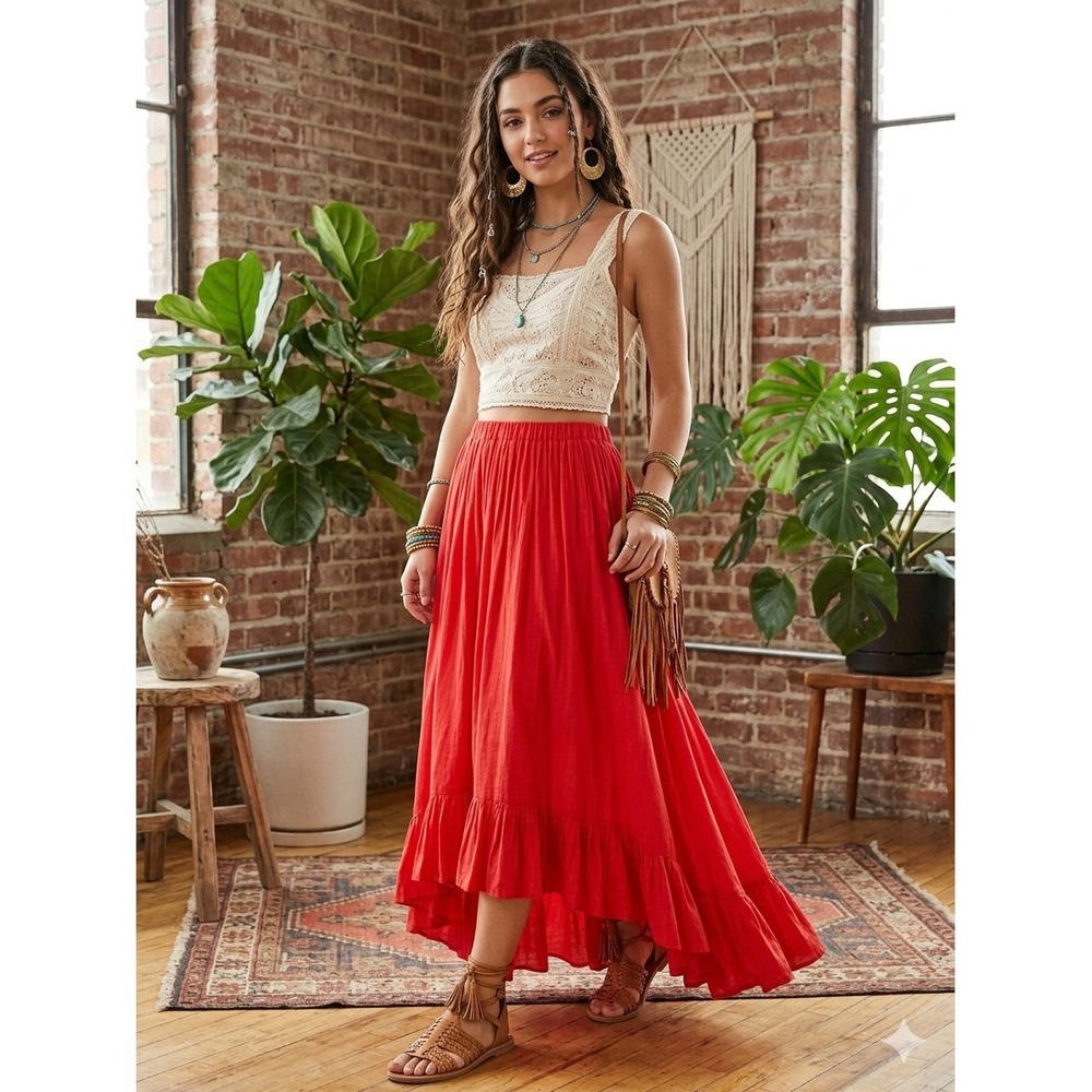 Easel High Low Maxi Skirt Womens Large Red Excellent Condition Ruffle Boho - Picture 2 of 10